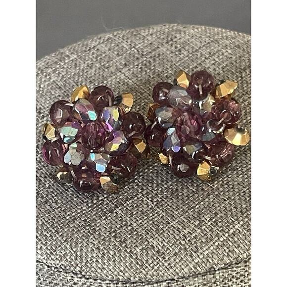 Vintage Jewelry - Vintage Germany Beaded Amethyst Colored Clip Brass Retro Cocktail Dress Earrings